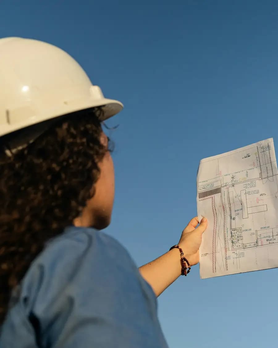 Beispielbild: Projektentwicklerin mit Schutzhelm prüft einen Plan